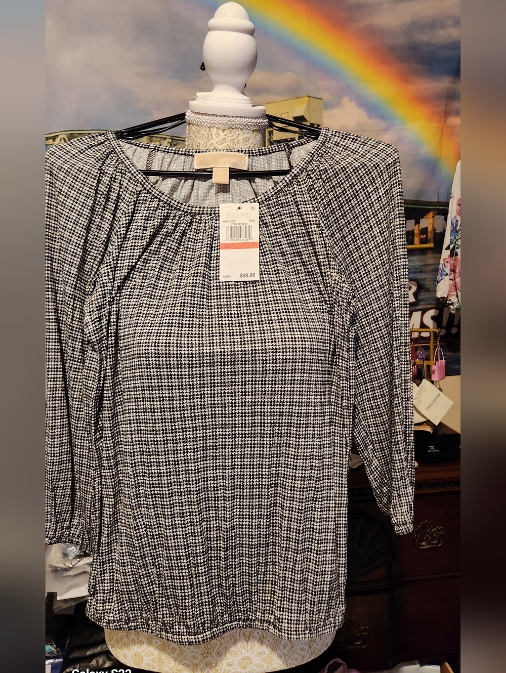 NWT MICHAEL KORS SIZE P SMALL Women’s Black and White Check Long-Sleeve SHIRT